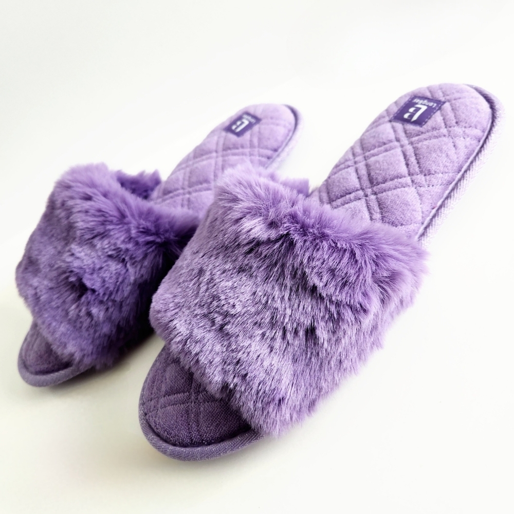 LongBay New Purple Faux Fur Slippers, Cushioned Luxury Slides, Size Large 9 - Picture 4 of 14